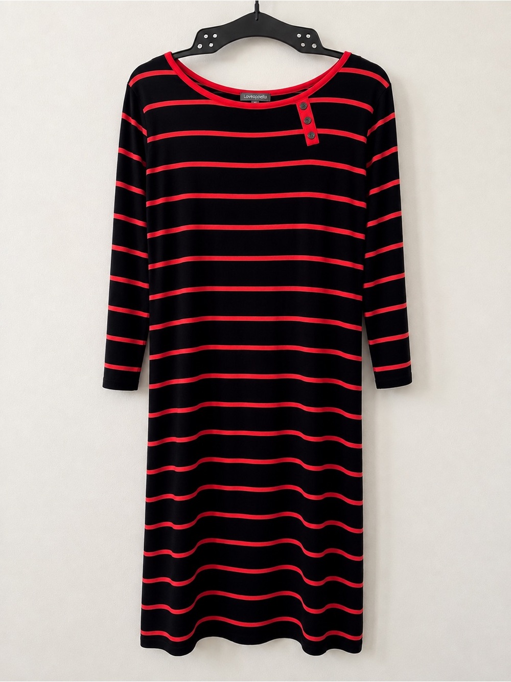 Loveappella Black Dress with Red Stripes and Button Shoulder